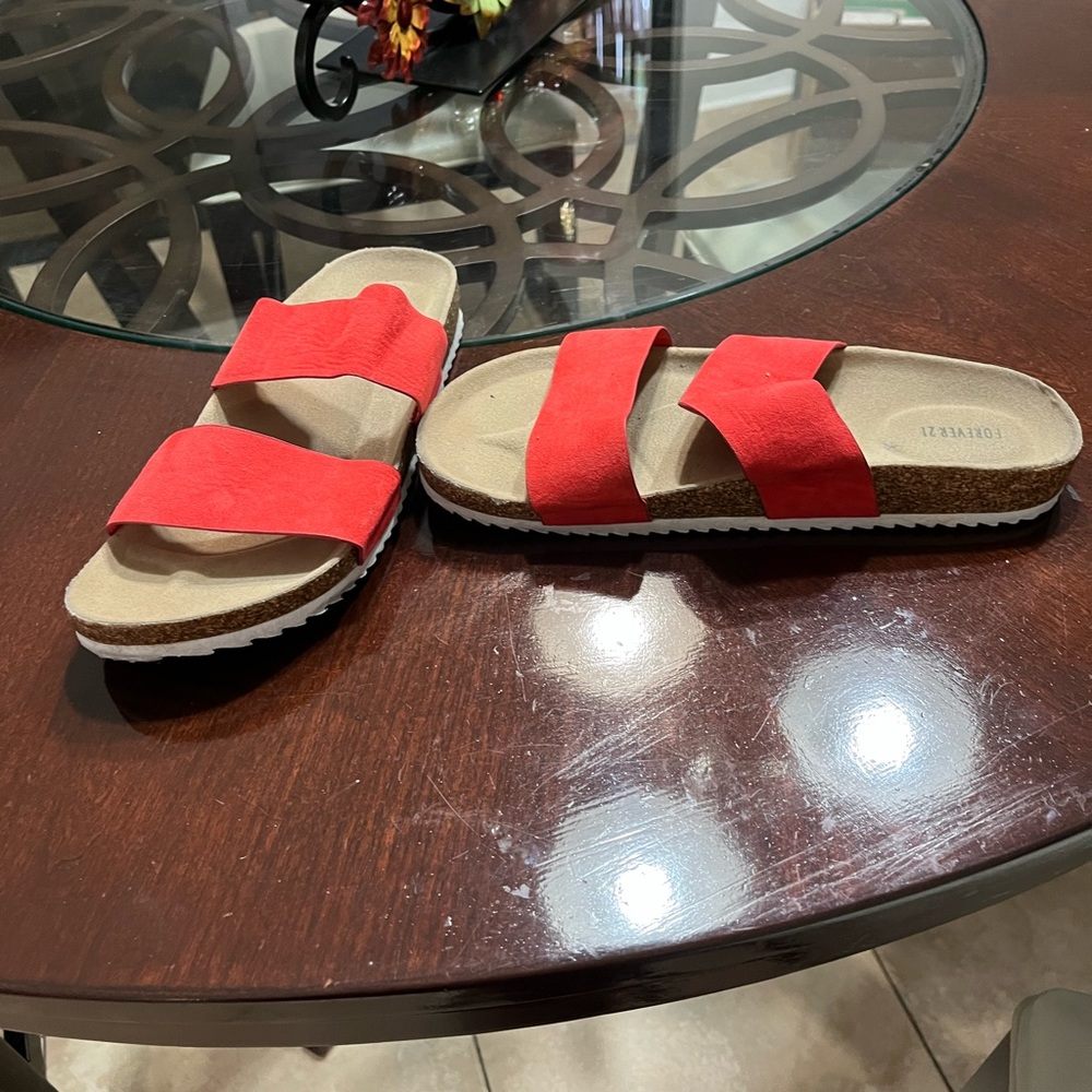 - - - women’s wedge red sandals flat , two strap , comfort plus , size 8